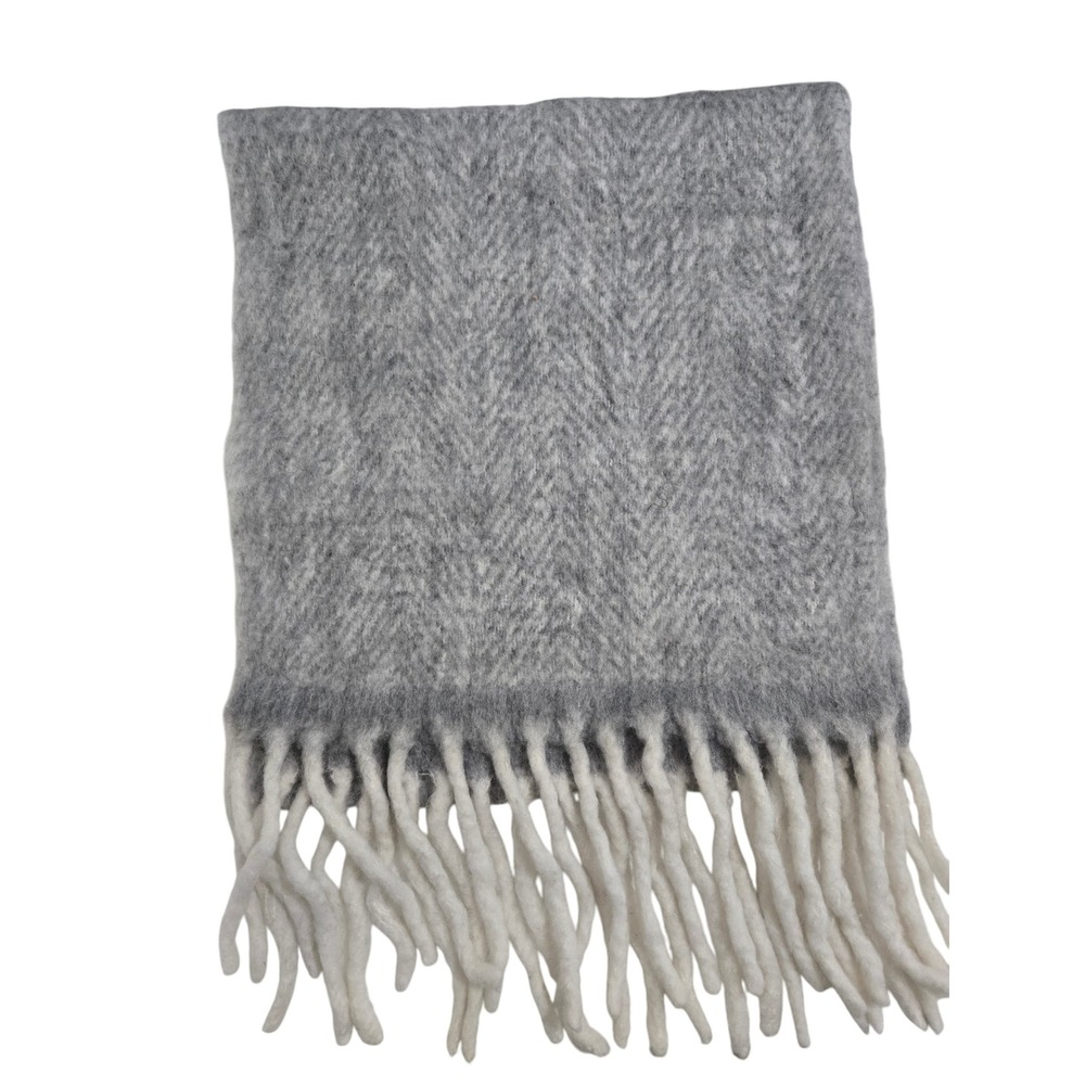 Lassesor Gray Herringbone Wool Blend‎ Scarf with Fringe